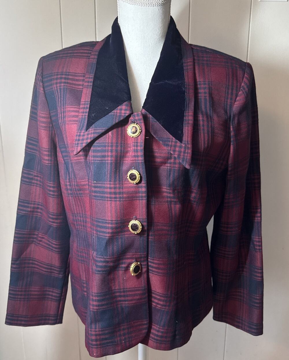 VTG 80's Jessica Howard Plaid Velvet Trim Blazer Size 14 MM